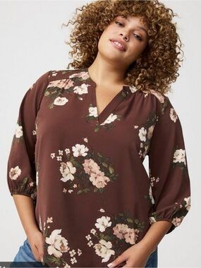 Torrid Brown Floral V-Neck Roll Tab 3/4 Sleeve Woven Blouse Top Size 0 Casual